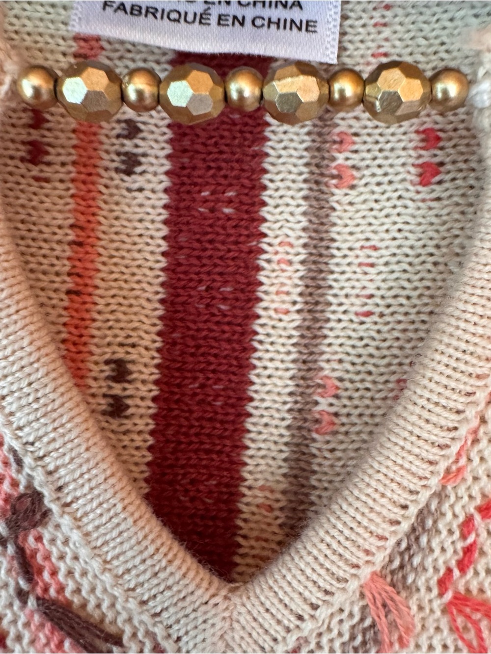 Alfred Dunner Cream Multicolor Striped Knit Top Small Tunic Gold Beads VTG - Picture 4 of 7